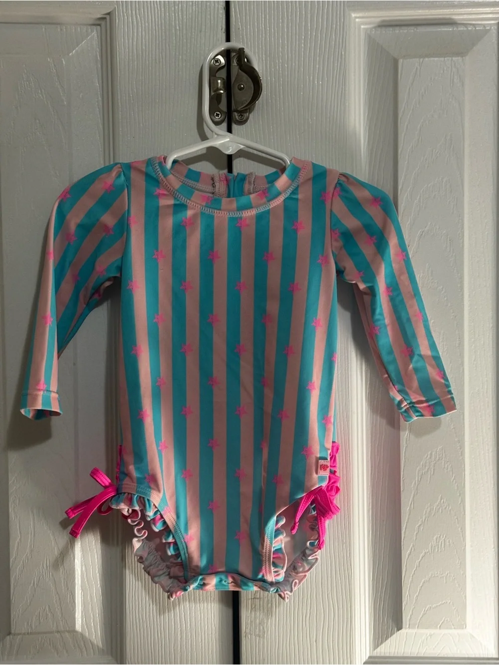 Ruffle Butts Teal & Pink Striped Star Long Sleeve Swimsuit with Ruffles